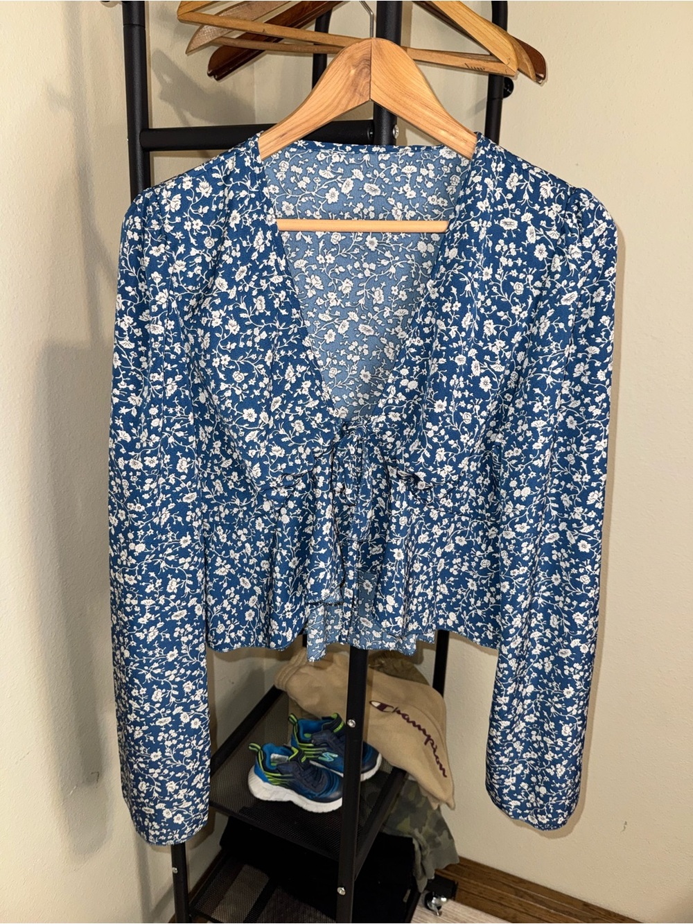 Blue Floral Tie-Front Long-Sleeve Women’s Top